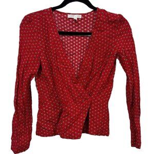 Cooperative Womens Xsmall  Red V Neck Wrap Top Long Sleeve Flower Polka Dot 7384